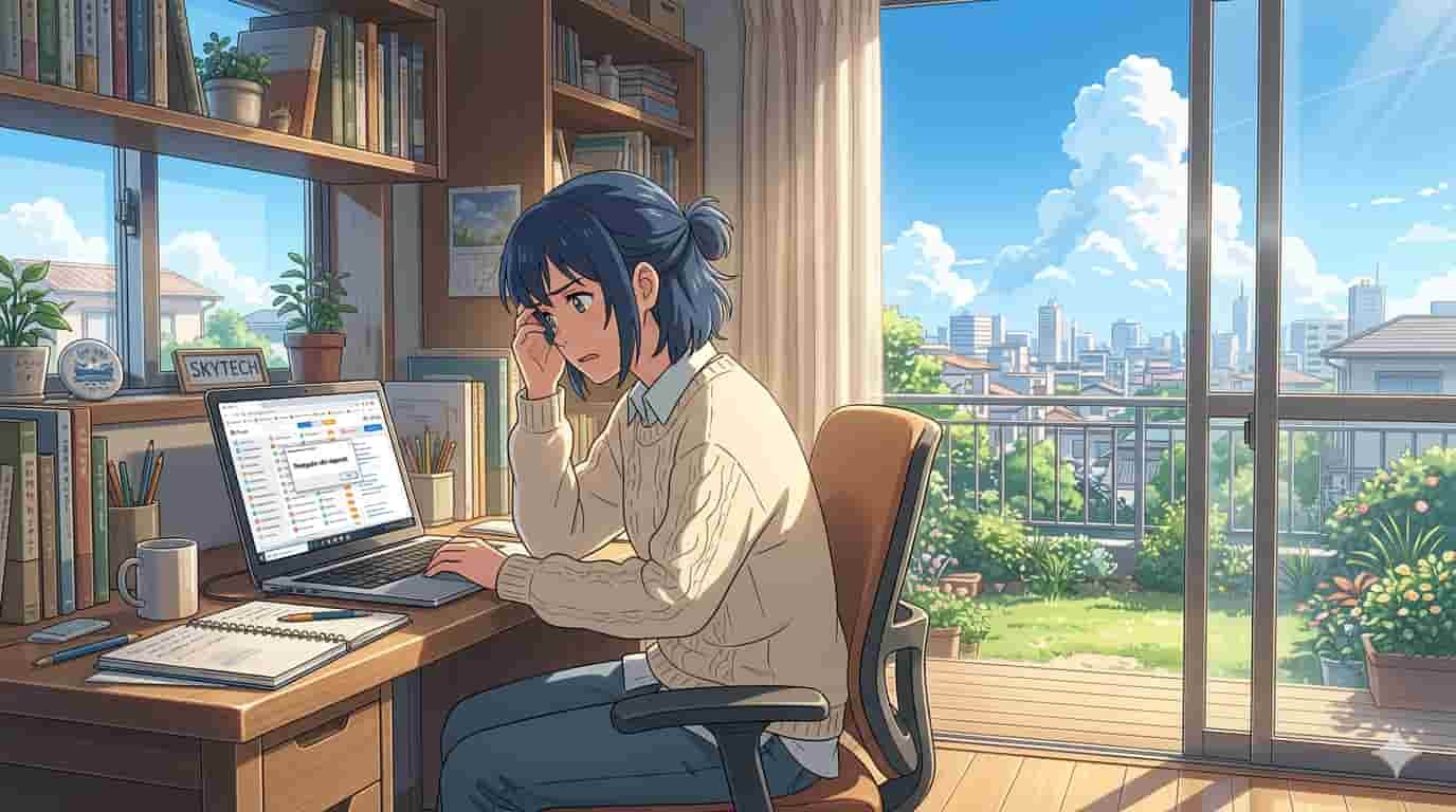 Ilustração em estilo anime de uma pessoa estressada em frente a um notebook com dezenas de abas abertas no navegador, em um quarto iluminado pelo sol. O logotipo SKYTECH está visível no aparelho.
