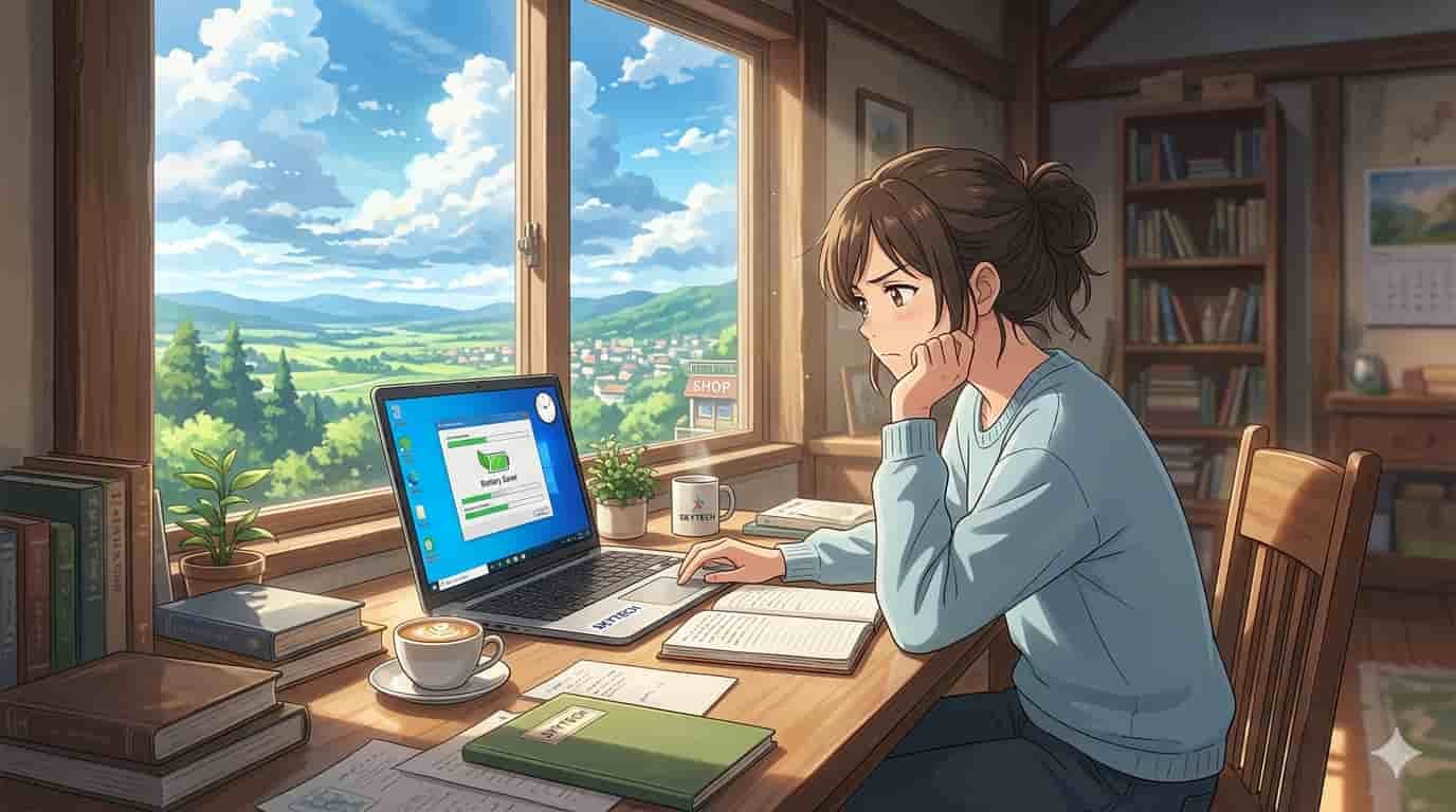 Ilustração estilo anime de uma pessoa em um quarto iluminado pelo sol, frustrada com um notebook lento, com o logotipo SKYTECH visível.