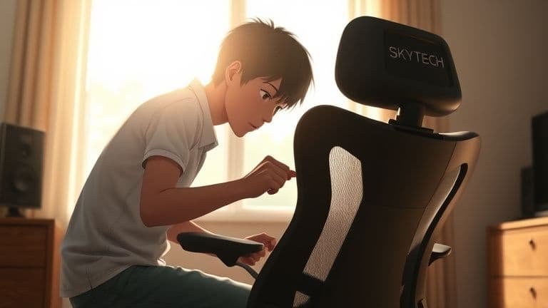 Pessoa ajustando a altura da cadeira e mesa de escritório em um quarto iluminado estilo anime.