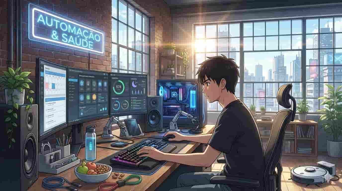 Ilustração estilo anime de um setup automatizado e organizado com elementos de saúde, como plantas e luz natural, e a marca SKYTECH.