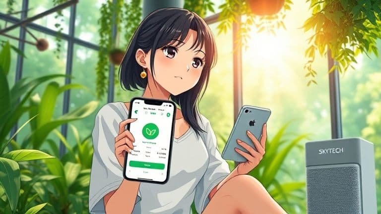 Mulher em um ambiente sustentável usando banco digital no celular com tecnologia SKYTECH, estilo anime.