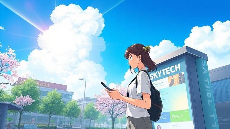 Mulher usando carteira digital da SkyTech para pagar compras em um centro comercial moderno e ensolarado.