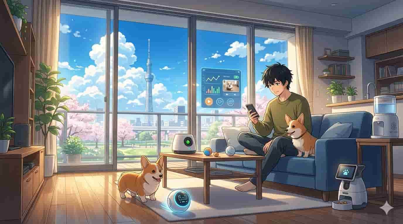 Brinquedos Pet Tech: Guia de Diversão e Tecnologia Animal 6 Homem em cozinha moderna configurando brinquedos pet tech inteligentes para seu cachorro com logo SKYTECH visível.