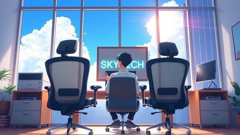 Comparação entre cadeira de escritório em tela mesh e couro em um escritório iluminado estilo anime.