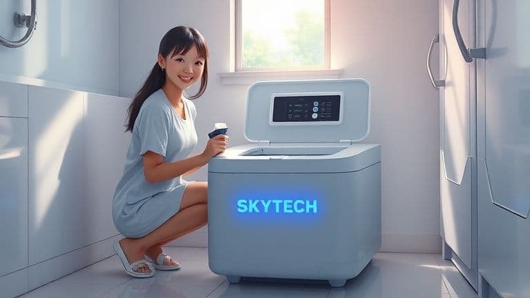 Caixa de Areia Automática: Guia Como Escolher para uma Vida Mais Leve (e Sem Fedor!) 8 Mulher cuidando da higiene do gato com uma caixa de areia automática da marca SKYTECH em ambiente moderno.