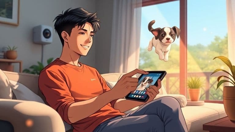 Guia Câmera para pets: como escolher sem erro 9 Homem monitorando seu pet pelo tablet usando uma câmera de segurança SKYTECH em uma sala iluminada.