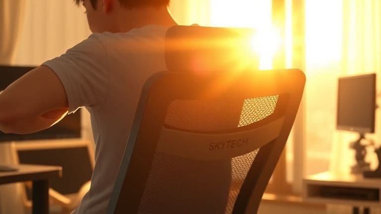 Pessoa ajustando o suporte lombar de uma cadeira ergonômica em um quarto iluminado estilo anime.