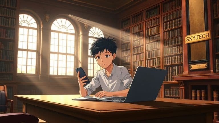 Como Cancelar uma Transação Errada no Banco Digital Hoje 2 Ilustração anime de pessoa em biblioteca tentando cancelar transação no banco digital pelo celular, estilo Shinkai e logo SKYTECH.