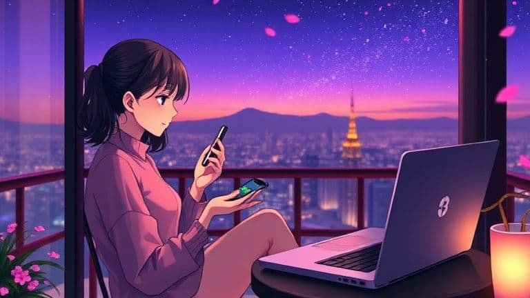 Como Começar a Investir em Bitcoin com Pouco Dinheiro 2 Mulher jovem analisando gráficos de Bitcoin no celular em uma varanda sob o céu estrelado com tecnologia SKYTECH.