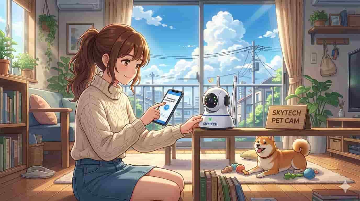 Como configurar câmera Wi-Fi para cães 8 Pessoa configurando uma câmera Wi-Fi para cães da marca Skytech em uma sala iluminada estilo anime.