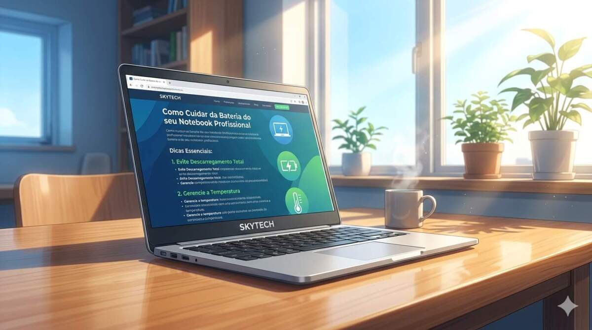 Ilustração estilo anime cinematográfico de um notebook prateado da marca Skytech sobre uma mesa de madeira, com iluminação natural vindo de uma janela ao fundo.