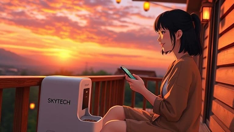 Guia: Comedouro automático como escolher o ideal para seu pet 10 Mulher em uma varanda ao pôr do sol usando app para controlar comedouro automático SKYTECH.