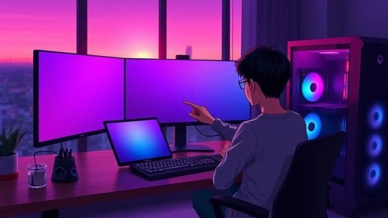 Pessoa escolhendo cores vibrantes para o setup gamer SKYTECH em estilo anime cinematográfico.