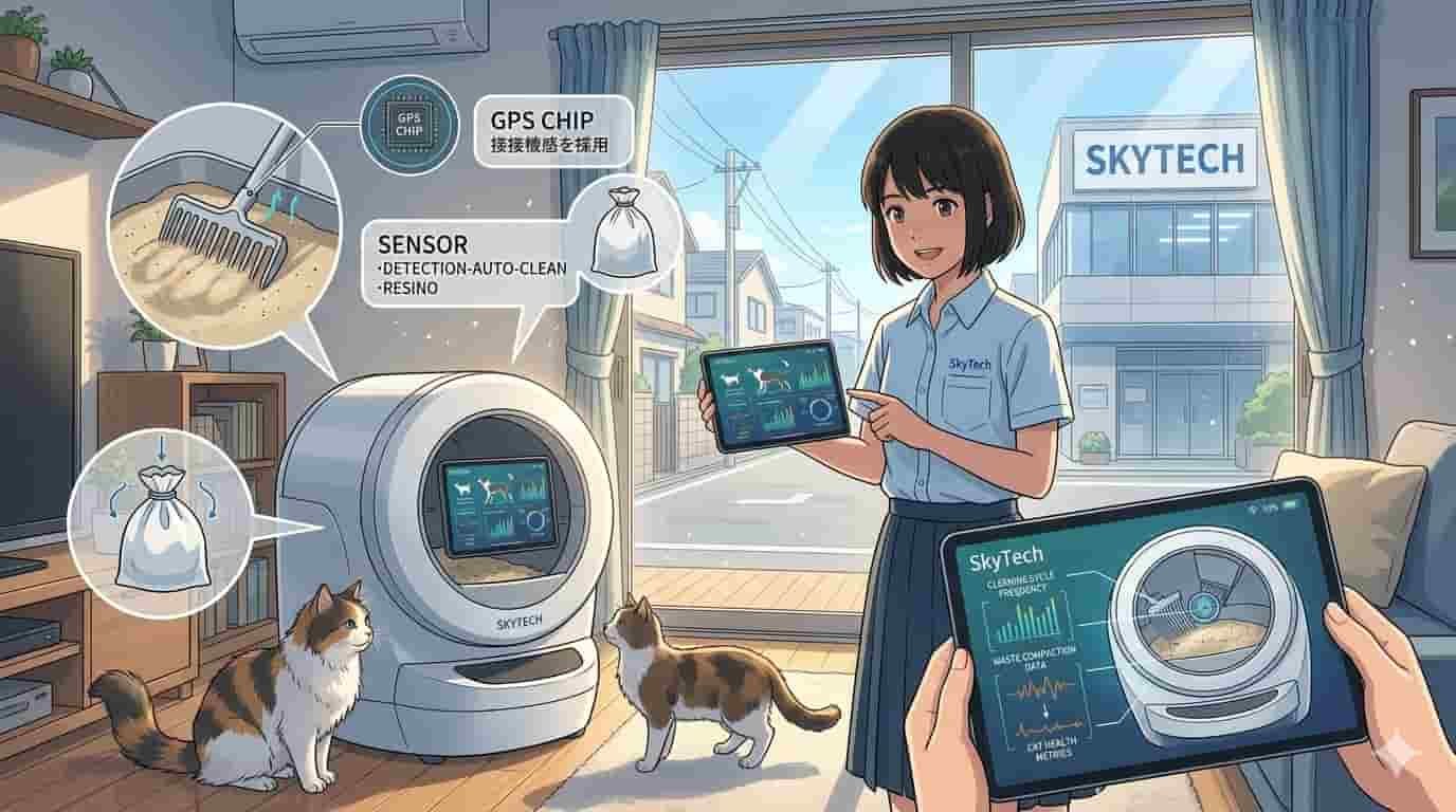 Como funciona a caixa de areia automática 2 Mulher em lavanderia moderna observando o funcionamento de uma caixa de areia automática SKYTECH com um gato ao lado.