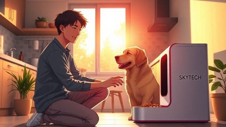 Como funciona o comedouro automático pet 1 Homem interagindo com cachorro ao lado de um comedouro automático de ração da marca SKYTECH em uma cozinha iluminada estilo anime.