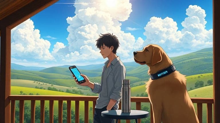 Como funciona o rastreador GPS para cães e gatos: Desvendando a Tecnologia para a Segurança do Seu Melhor Amigo 4 Homem em uma varanda de sítio usando celular para rastrear seu cão com GPS Skytech.