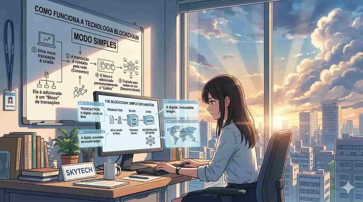 Como funciona a tecnologia blockchain de forma simples 2 Ilustração estilo anime de jovem em escritório ensolarado visualizando conexões de blockchain com logo Skytech.