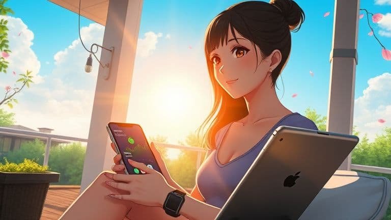 Mulher jovem em uma varanda iluminada comprando ações da Apple pelo celular com tecnologia SKYTECH.