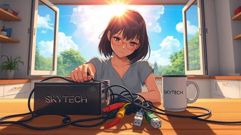 Mulher em cozinha iluminada organizando cabos de computador com marca Skytech visível, estilo Makoto Shinkai.