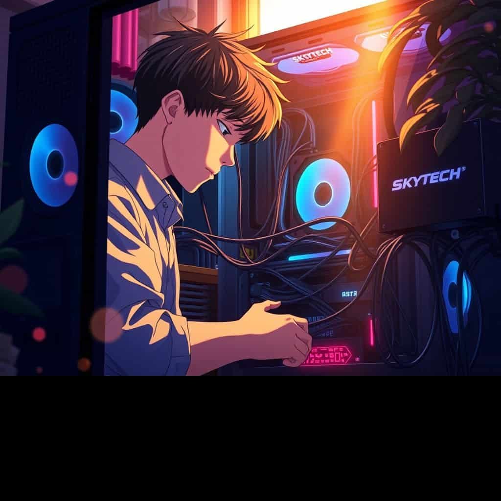 Como organizar cabos de PC: guia definitivo 2 Pessoa organizando cabos de computador em gabinete gamer com iluminação estilo anime Makoto Shinkai