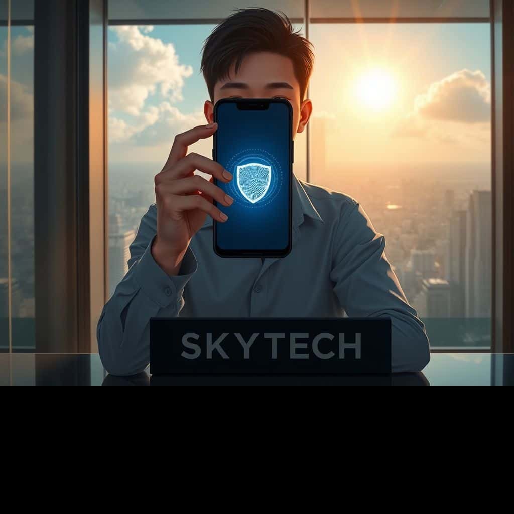 Ilustração estilo anime de uma pessoa configurando a biometria facial no smartphone em um escritório moderno e tecnológico, com o nome SKYTECH visível.