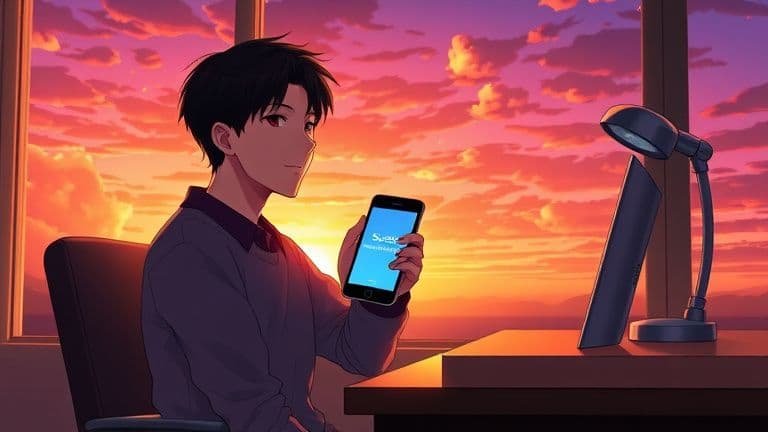 Homem em um home office ensolarado conseguindo recuperar o acesso ao banco digital após um roubo com a SkyTech.