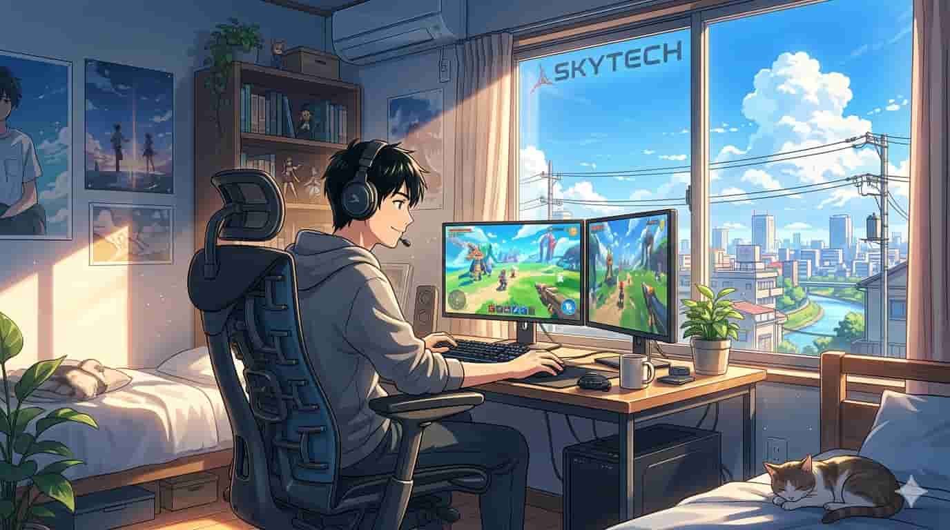 Como saber se a cadeira gamer é realmente ergonômica? 2 Homem sentado em cadeira gamer ergonômica em escritório iluminado estilo anime Makoto Shinkai com logo Skytech.
