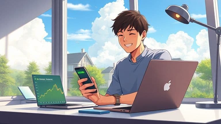 Ilustração Makoto Shinkai de pessoa recebendo cashback no celular e vendo gráfico de investimentos no laptop com marca SKYTECH.