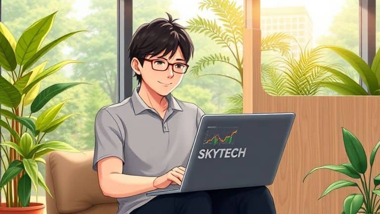 Ilustração anime de pessoa organizada analisando gráficos financeiros em coworking, estilo Shinkai com logo SKYTECH.