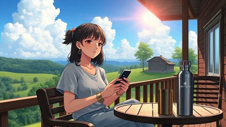Como configurar alertas de gastos no seu celular agora 8 Mulher em varanda de sítio recebendo alerta de gastos no celular com marca Skytech, estilo Makoto Shinkai.