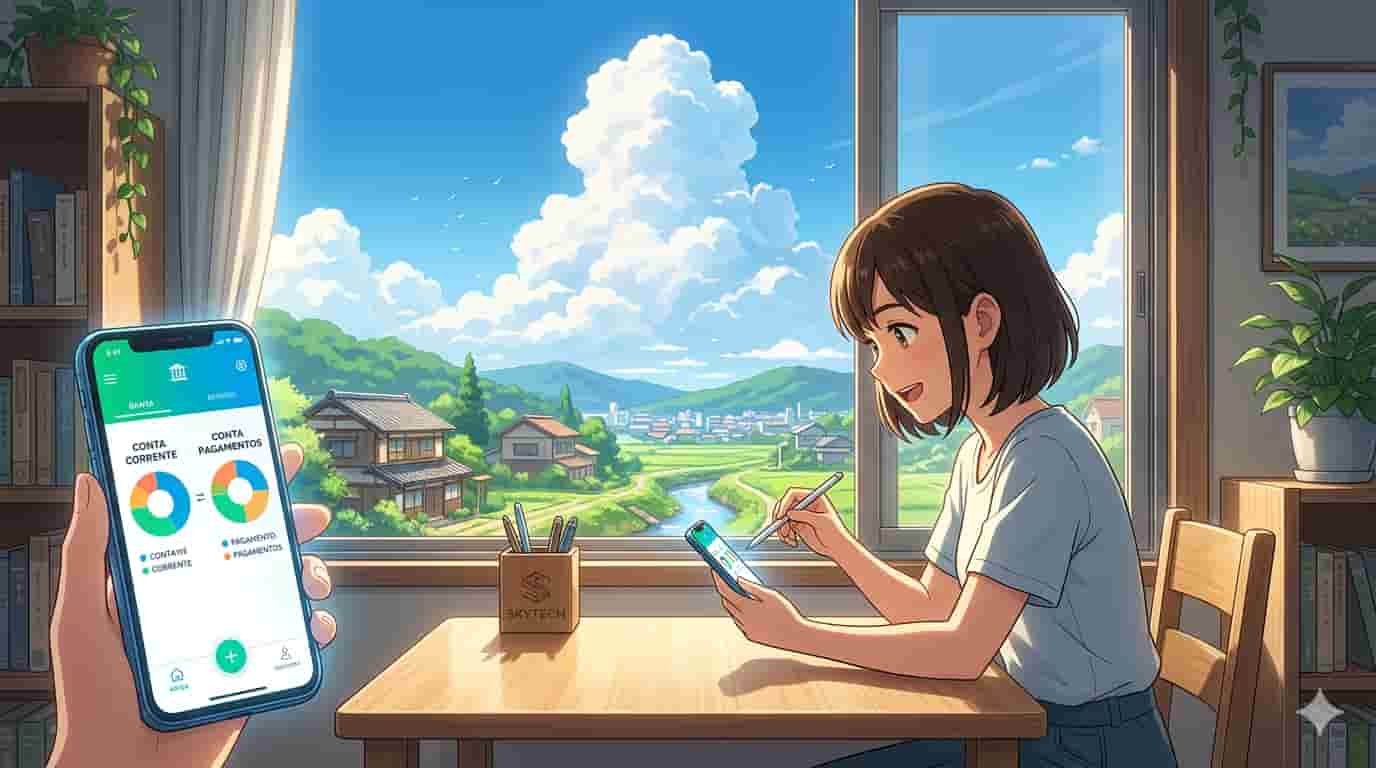 Diferenças entre Conta Corrente e Conta de Pagamentos Digital: Qual a Melhor Escolha para Você? 2 Ilustração estilo anime Makoto Shinkai de uma pessoa comparando conta corrente e digital em um smartphone, com o logo SKYTECH visível.