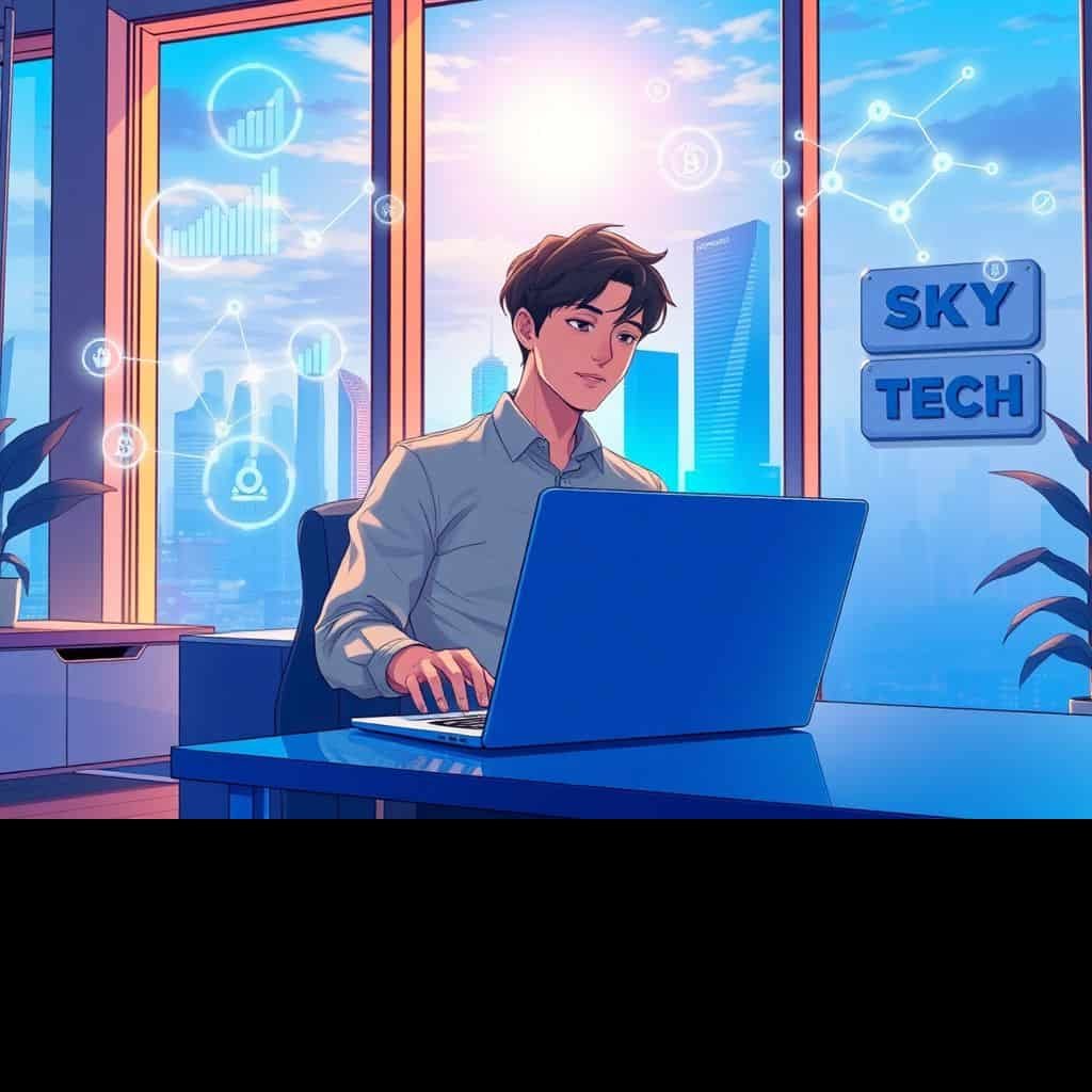 Ilustração estilo anime de uma pessoa gerenciando finanças digitais em um ecossistema de fintechs