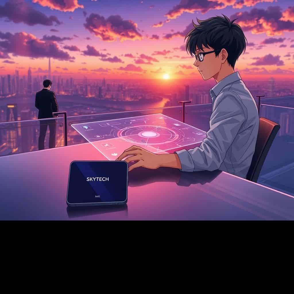 Ilustração estilo anime de pessoa gerenciando finanças digitais em uma varanda moderna com dispositivo SKYTECH.