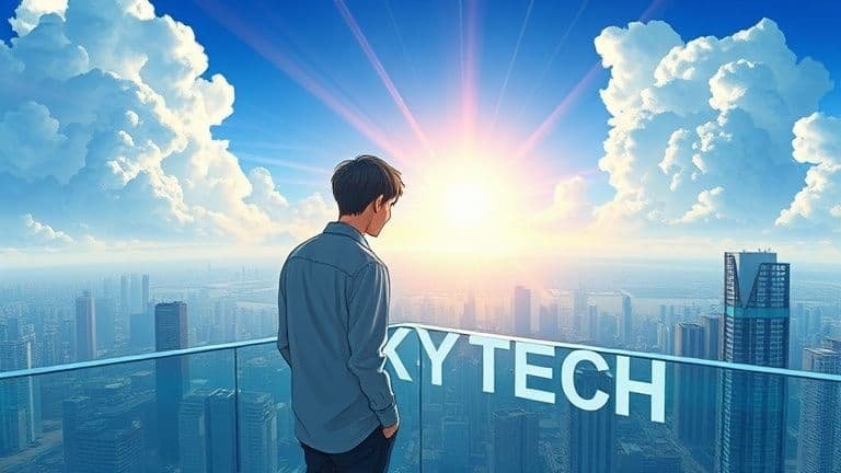 Ilustração estilo anime de um profissional observando o horizonte tecnológico com a marca Skytech.
