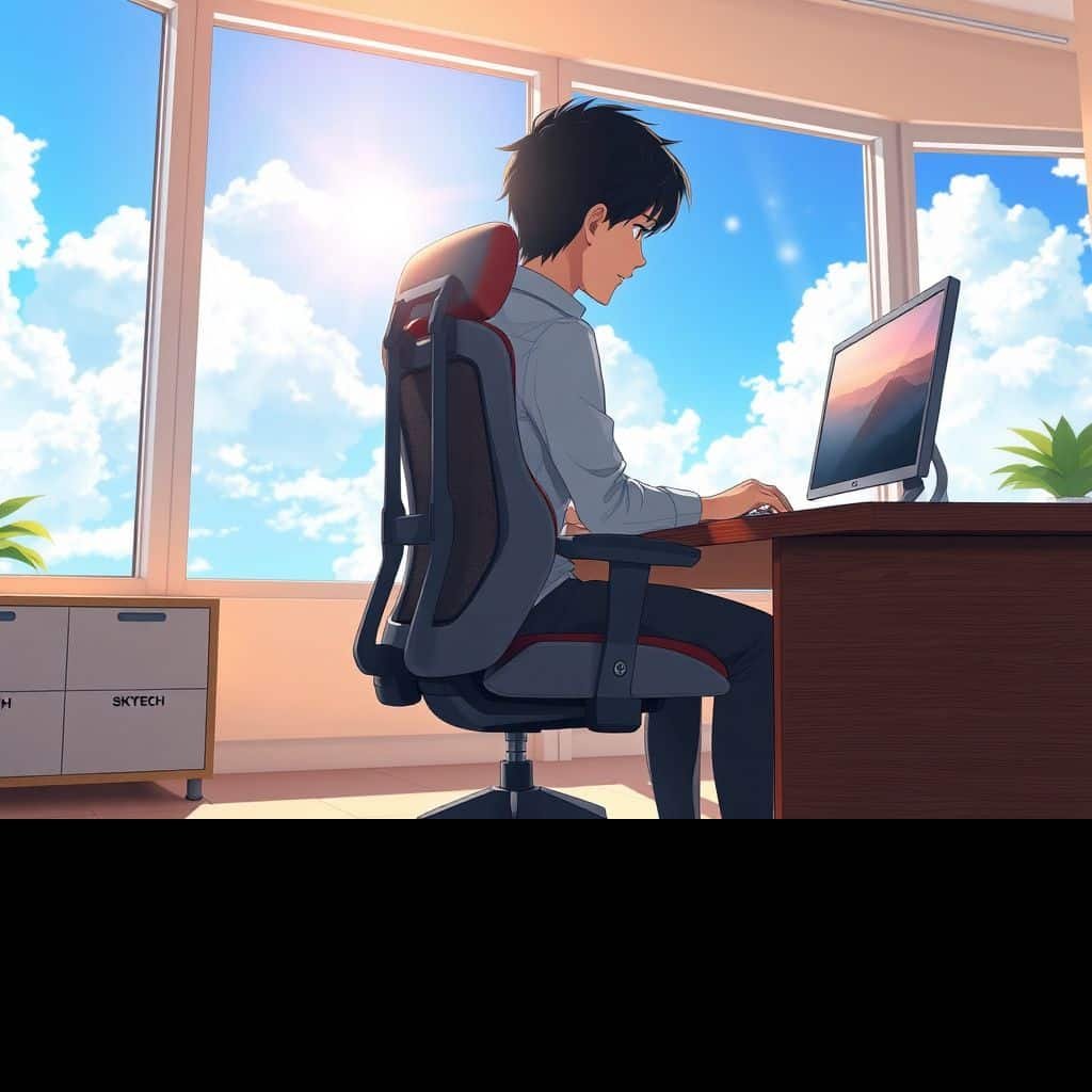 Pessoa sentada em cadeira ergonômica em escritório iluminado com a marca SKYTECH ao fundo, estilo Makoto Shinkai.