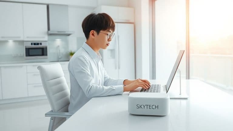 Pessoa em cozinha moderna estilo anime com setup ergonômico seguindo as normas da NR-17.