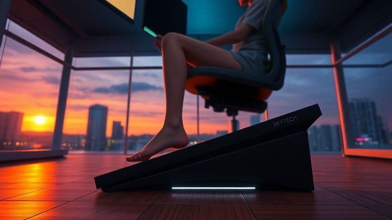 Suporte para pés no trabalho: quando realmente usar? 2 Close-up lateral de uma mulher usando corretamente um suporte para pés SKYTECH sob a mesa de trabalho.