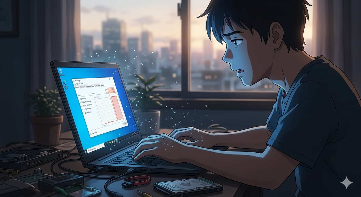 Ilustração estilo anime de um jovem analisando um notebook com o Gerenciador de Tarefas indicando disco 100% em vermelho, marca SKYTECH visível.