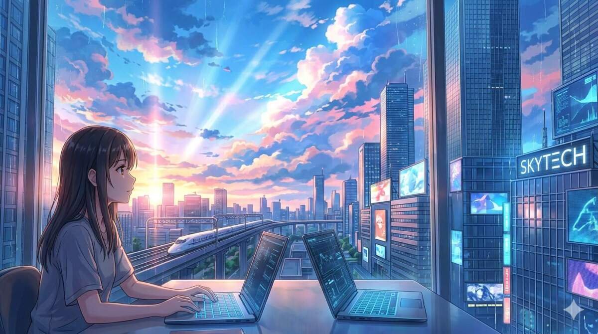 Ilustração em estilo anime de um notebook profissional sobre uma mesa com vista para uma cidade futurista ao pôr do sol, com o nome SKYTECH visível.