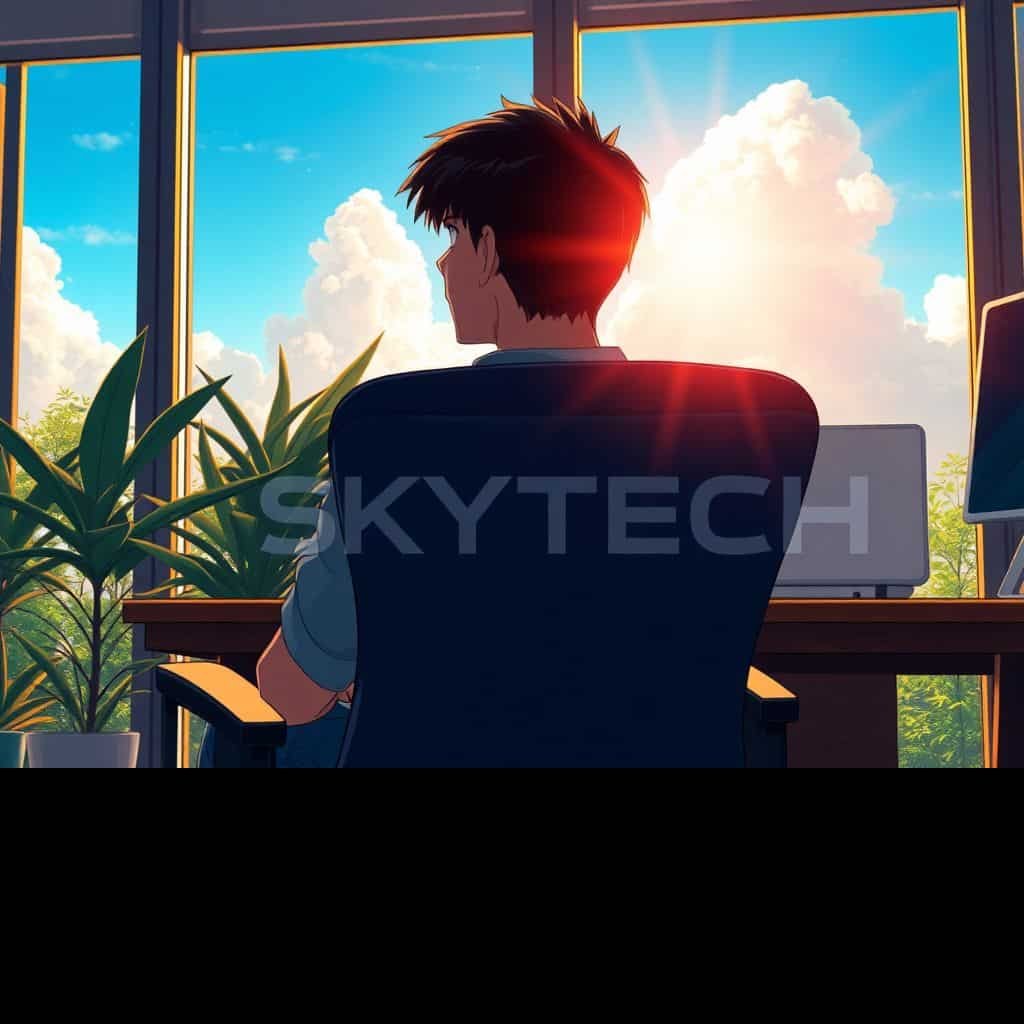 Ilustração estilo anime de homem sentado em cadeira ergonômica em escritório iluminado com a marca SKYTECH.