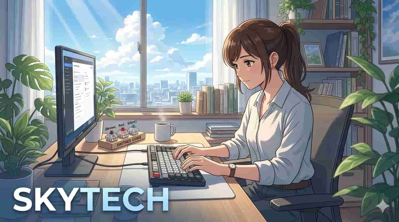 Pessoa em home office iluminado digitando em teclado mecânico, estilo anime Makoto Shinkai, com marca Skytech.