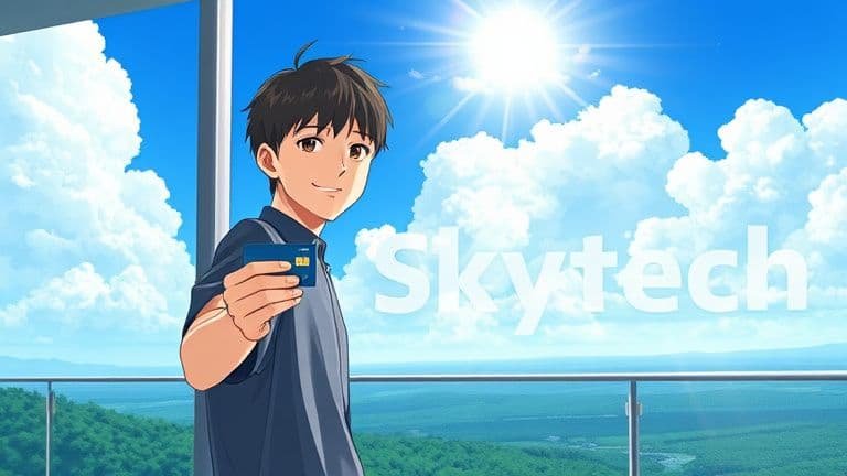 Jovem em uma varanda ensolarada segurando seu cartão de crédito da SkyTech comemorando novo limite.