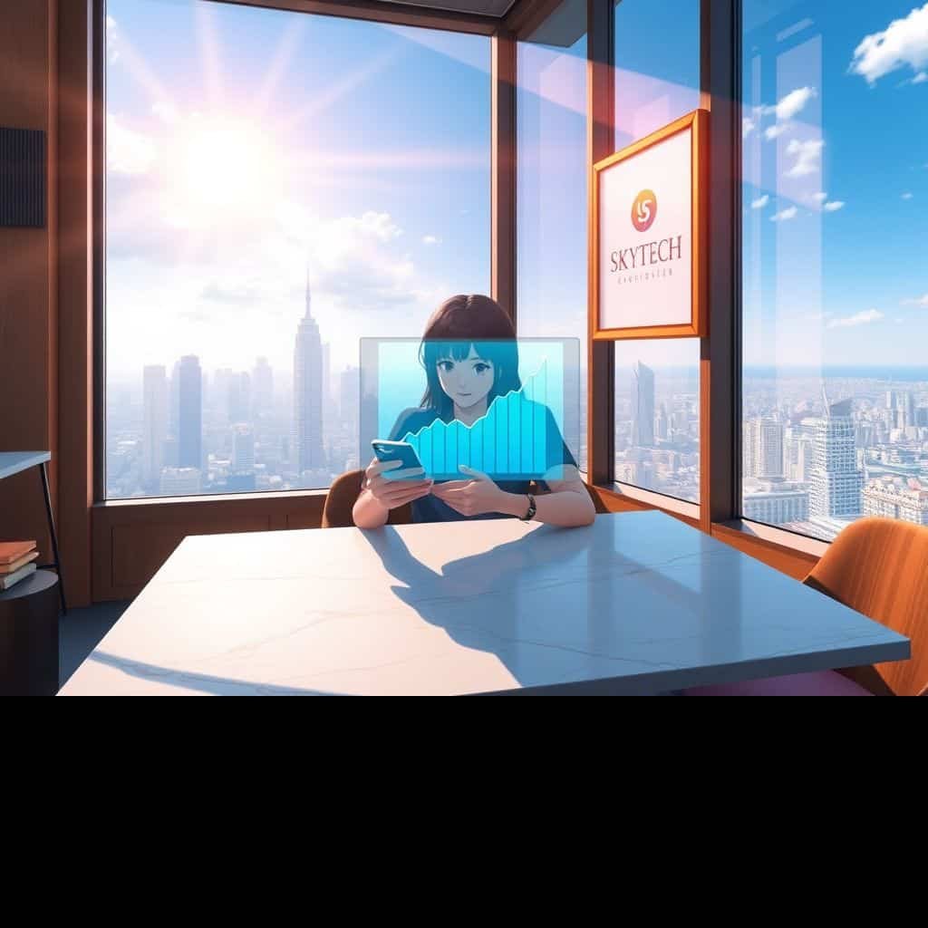 Mulher em um café moderno analisando gráficos de investimentos da SkyTech via fintech.