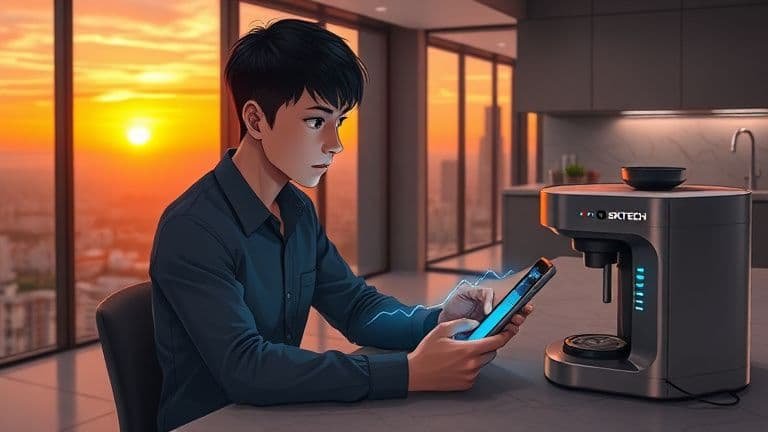 Ilustração estilo anime de um homem analisando gráficos do índice Nasdaq em uma cozinha moderna com tecnologia SKYTECH.