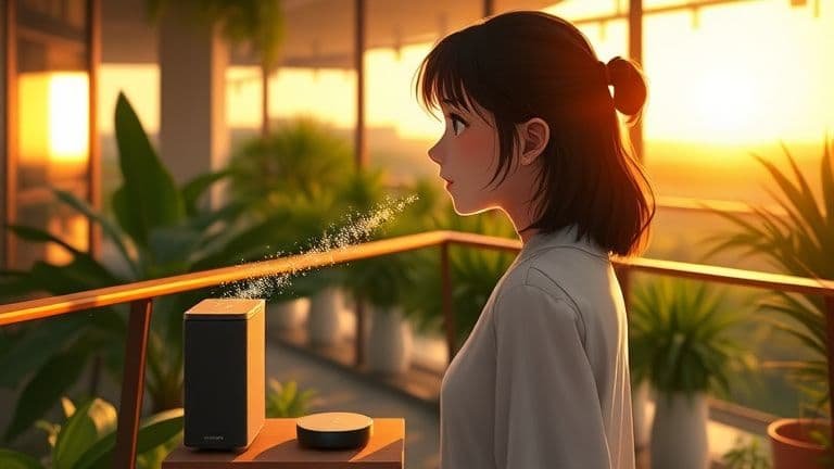 Como funciona o reconhecimento de voz em assistentes virtuais: O guia definitivo para entender a tecnologia que te escuta 2 Mulher interagindo com assistente virtual em uma varanda ensolarada com tecnologia de voz SKYTECH.