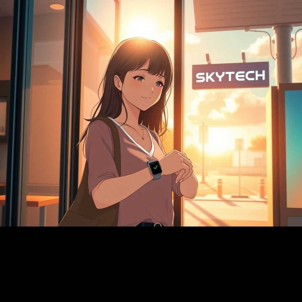 Ilustração estilo anime de uma pessoa saindo de um café moderno e tecnológico sem precisar de carteira física, com o nome SKYTECH visível.