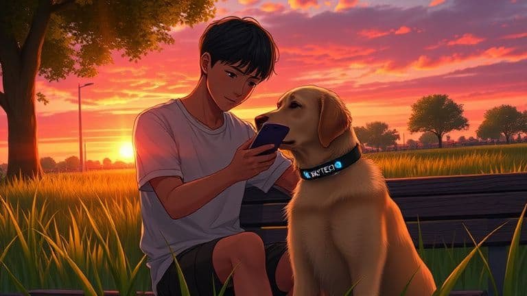 Gadgets de Saúde Pet: Guia Como Escolher Wearables 7 Homem no parque colocando uma coleira inteligente SKYTECH em seu cachorro e monitorando a saúde pelo celular.