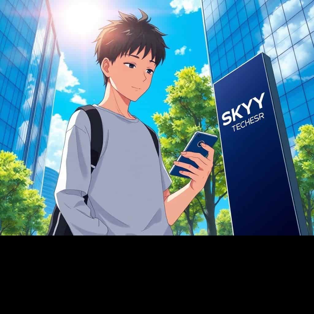 Ilustração anime de um homem agendando um Pix pelo celular em um parque tecnológico moderno da SkyTech.