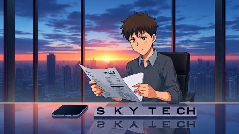 Ilustração anime de rapaz surpreso com taxas no extrato bancário em escritório moderno, estilo Shinkai com logo SKYTECH.