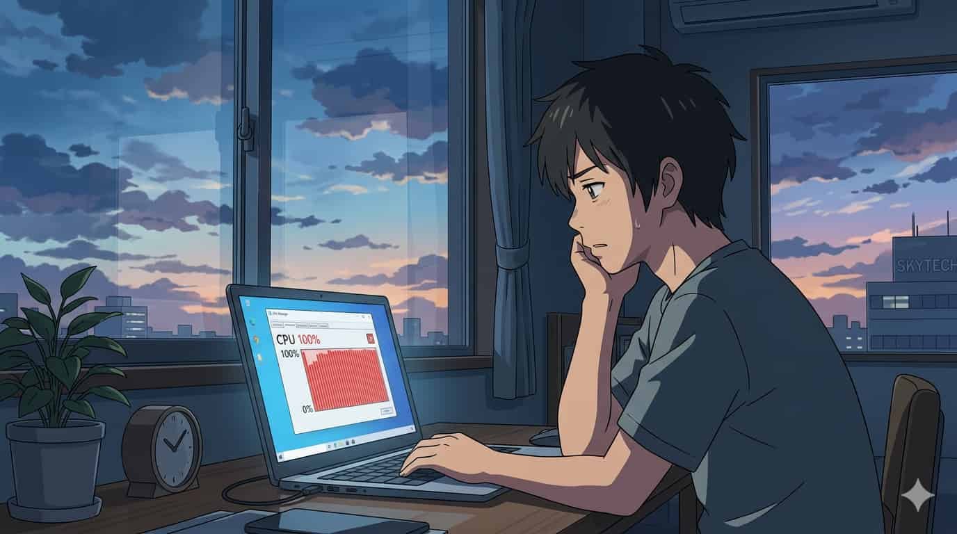 Ilustração estilo anime de um notebook apresentando 100% de uso de CPU em uma mesa de trabalho.